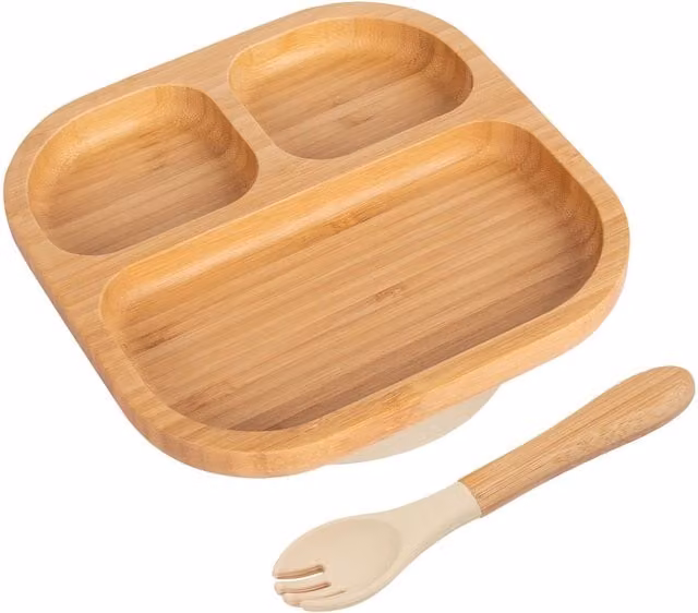 Tiny Dining Bamboo Segmented Baby Weaning Plate and Fork Set in Beige and Yellow
