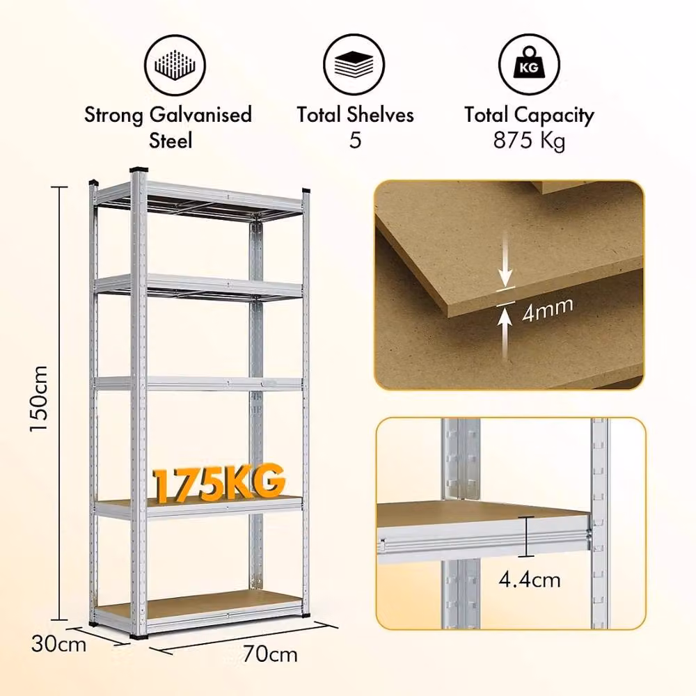 PAWNORA 5 Tier Heavy Duty Boltless Garage Racking Unit in Silver Metal and MDF – 1