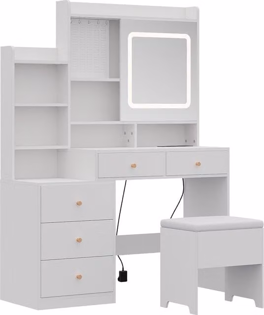 Livingandhome Modern White LED Mirror Dressing Table and Stool Set