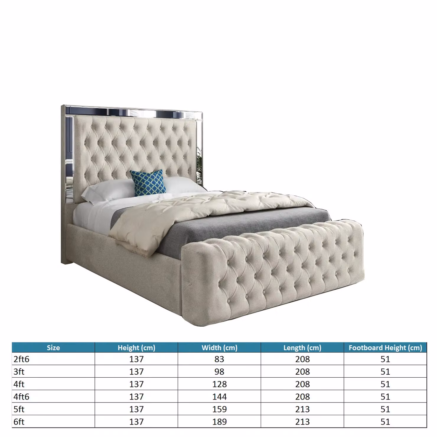 Casani Marino Mirror Upholstered Velvet Bed Frame in Cream, Super King Size (200 x 200 cm) – 4