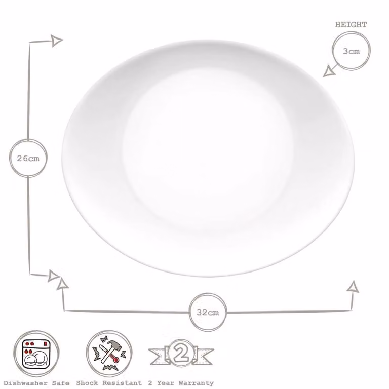 Bormioli Rocco Prometeo White Oval Glass Plates, Set of 6, Diameter: 32 cm