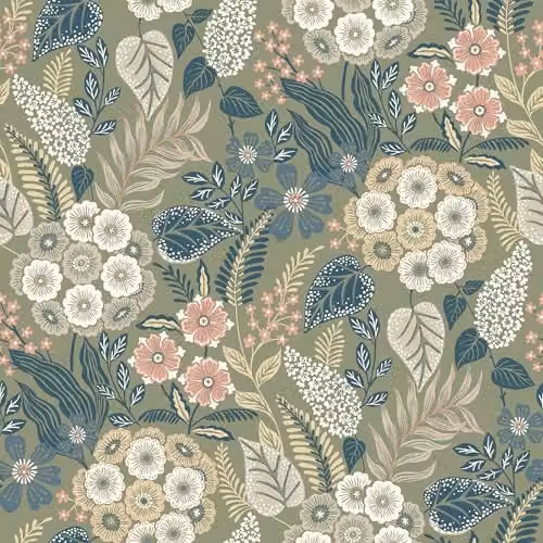 Grandeco Alice Mid Century Floral Botanical Textured Wallpaper, Blue Green – 1