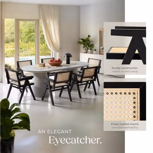 tectake Mid-Century Modern Dining Chair with Solid Wood Frame and Viennese Wickerwork in Black – 4