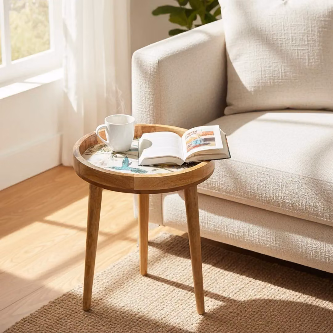 Hartsmede Mango Wood Round Side Table in Beige with Floral Design and Detachable Legs – 7