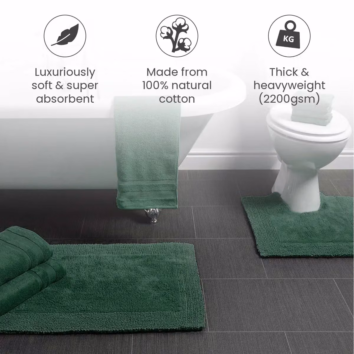 Allure Bath Fashions Elegance Reversible Heavyweight Cotton Bath Mat in Dark Green, W: 53 cm, D: 85 cm – 2