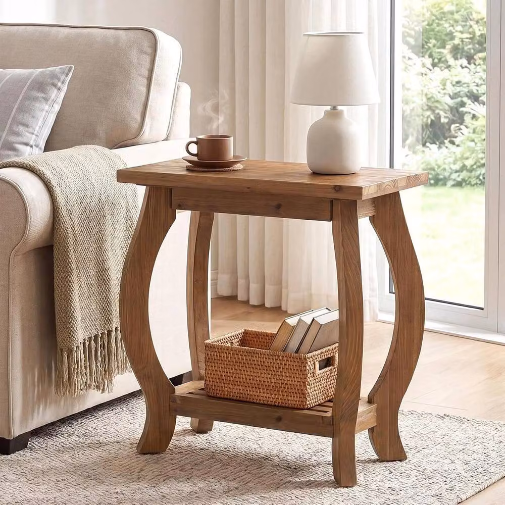 VOGREX Modern 2-Tier Solid Wood Side End Table in Light Oak, W/D/H: 60 x 60 x 30 cm – 2