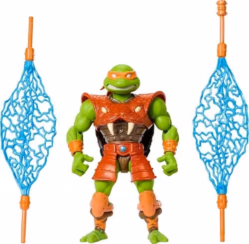 Mattel Masters of the Universe x Teenage Mutant Ninja Turtles Reptile Wars Michelangelo Posable Action Figure, Green and Multicolour