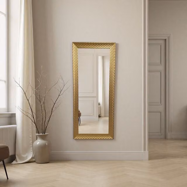Yearn Diamont Tall Framed Bevelled Rectangular Wall Mirror in Gold