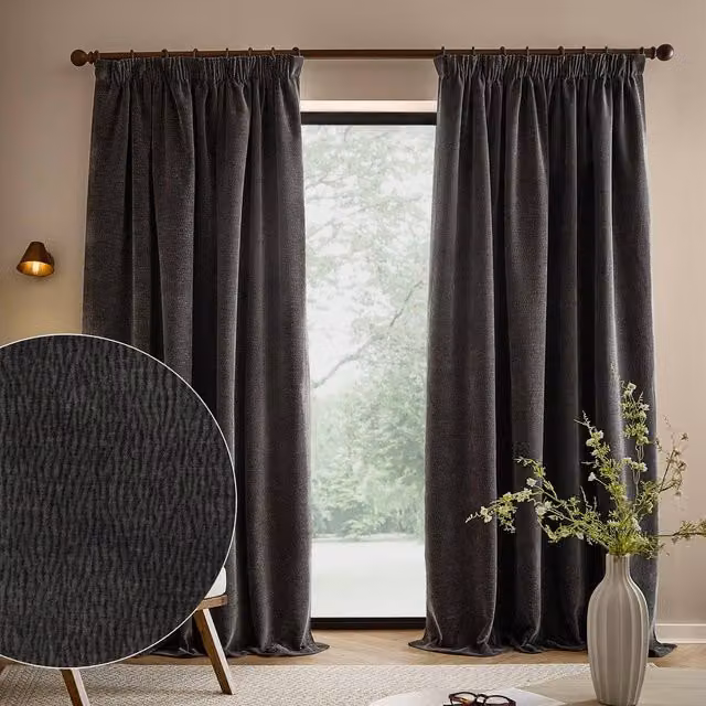 Yard Heath Charcoal Grey Washed Velvet Pencil Pleat Curtain Pair, Width: 229 cm, Drop: 229 cm