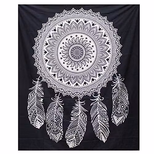 Beespoke Gifts Dreamcatcher Double Cotton Bedspread and Wall Hanging Set in Black and White