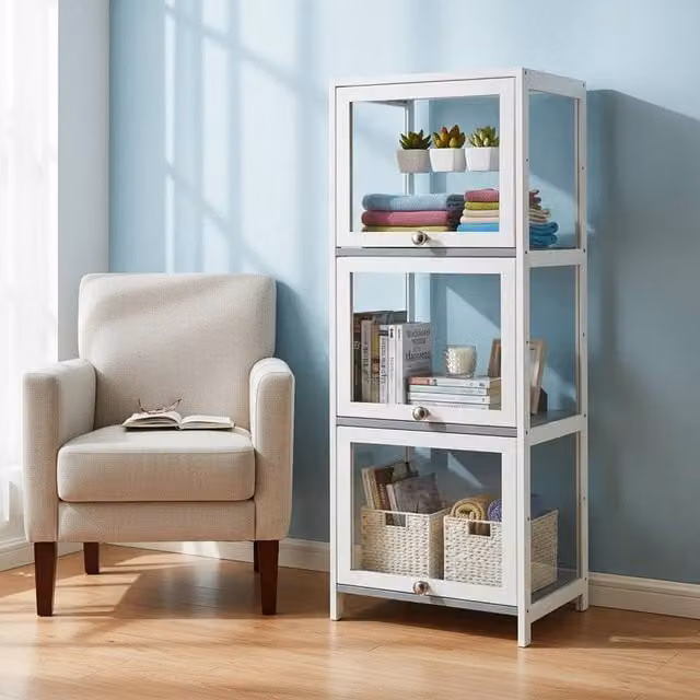 EONLION 3-Tier Bamboo Display Case with Back Panel in White – 1