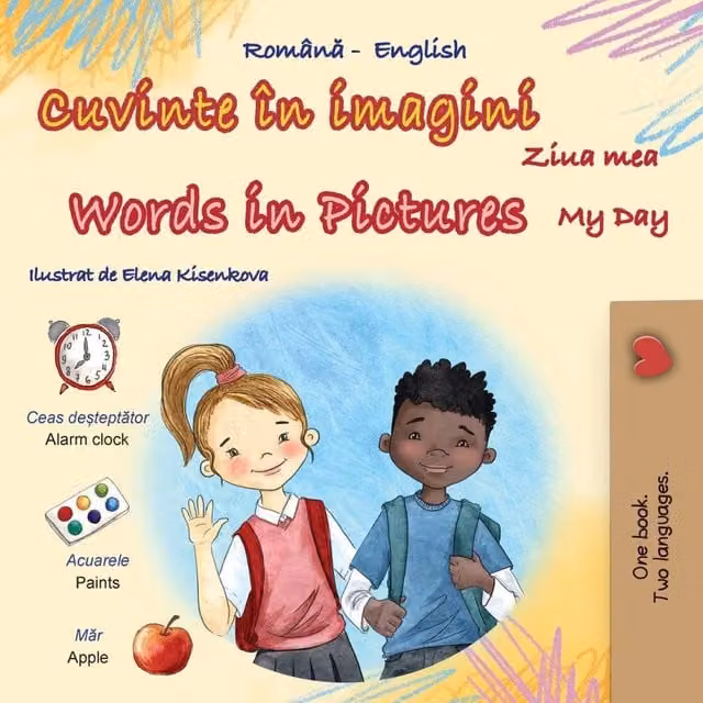 Kidkiddos Books Words in Pictures My Day Romanian and English Bilingual Childrens Book in Multicolour