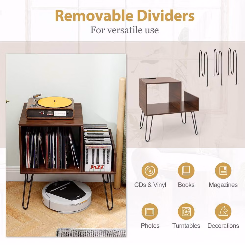 Gymax Modern Brown Metal Turntable Stand with Power Outlet and Display Shelf – 8