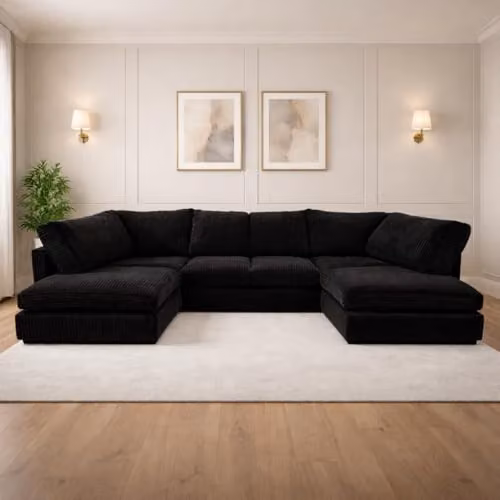 Bliss Furniture Jumbo Cord U-Shape Modular Sofa in Grey and Black with Removable Covers and Solid Birch Wood Frame – 2