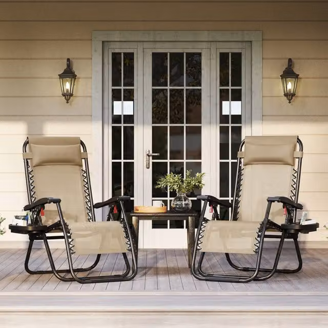 Yaheetech Set of 2 Foldable Zero Gravity Lounging Chairs in Beige with Armrests and Side Trays