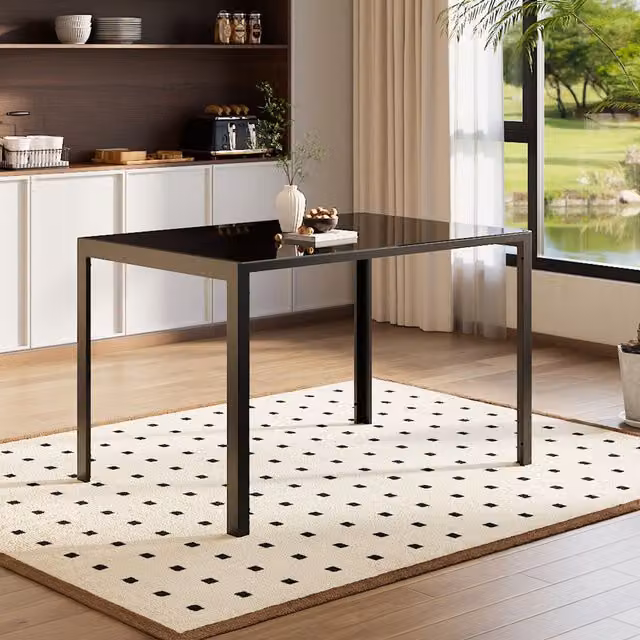Livingandhome Modern Rectangular Glossy Black Tempered Glass Dining Table
