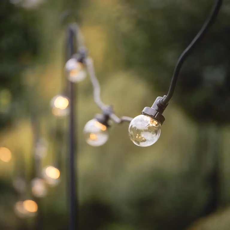 Lights4fun Pro Connect Warm White LED Connectable Festoon Lights with Transparent Glass Spheres and Black Cable