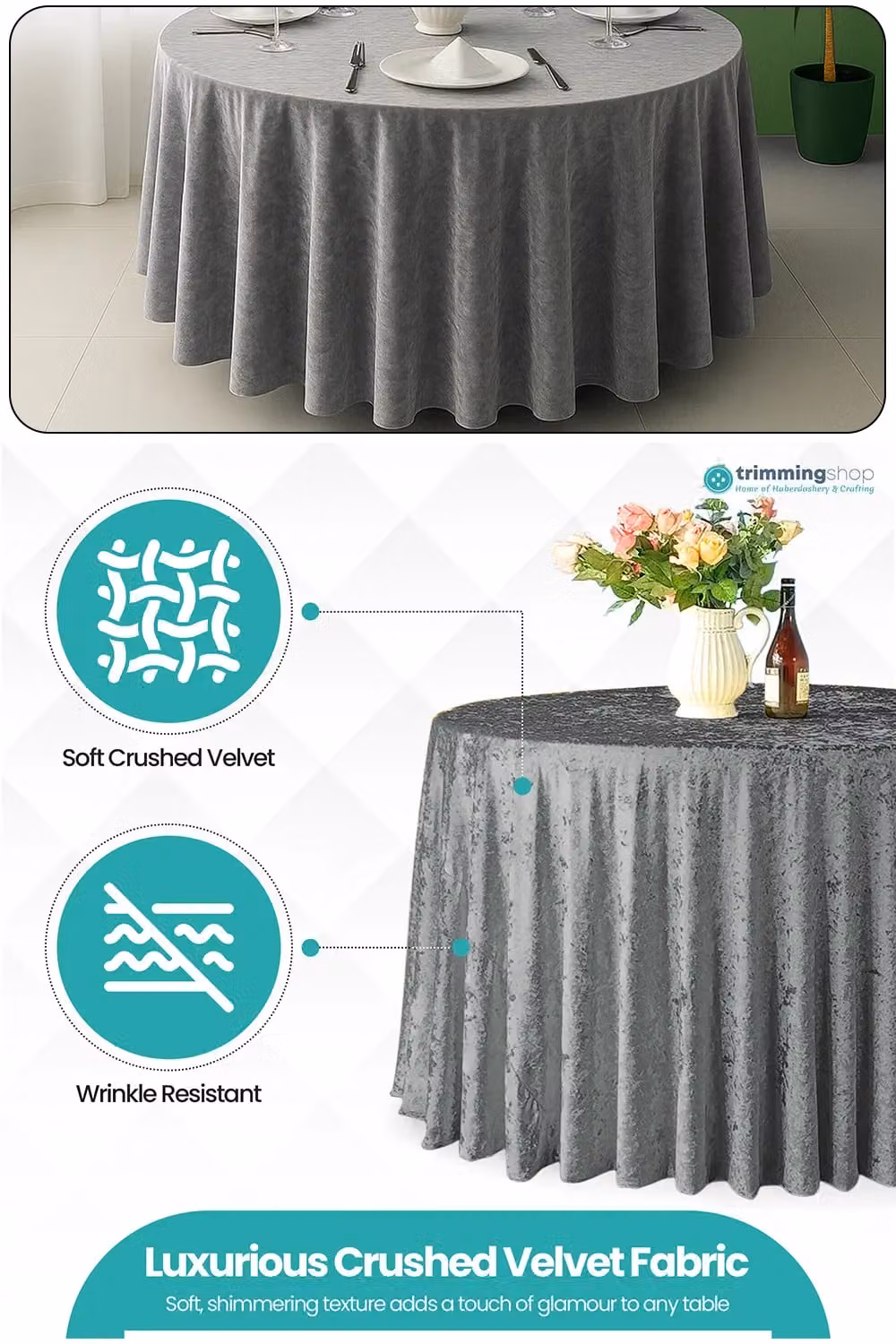 Neel Blue Diamond Velvet Round Tablecloth in Blue and Silver, Diameter: 304.8 cm – 1