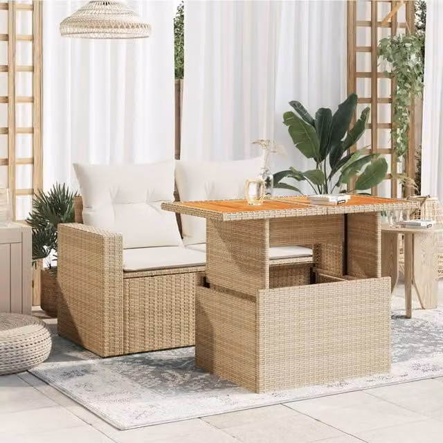 Berkfield Home Beige Poly Rattan and Acacia Wood Garden Table W: 100 cm, D: 55 cm, H: 73 cm