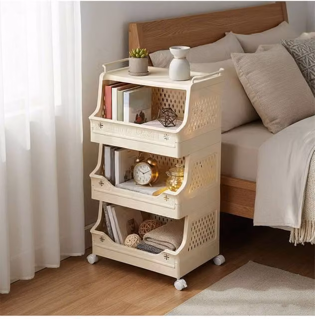 Living and Home 4-Tier Rolling Laundry Sorter Basket with Handles and Castors in Beige