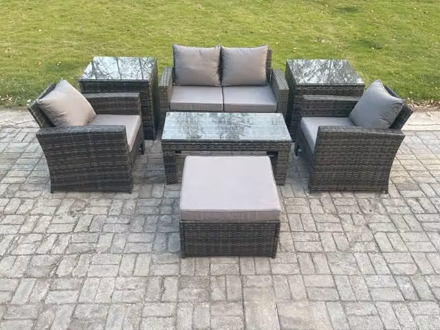 Fimous 5 Seater L-Shape Rattan Garden Furniture Set in Dark Grey with Coffee Table, Side Tables, Ottoman and Upholstered Cushions