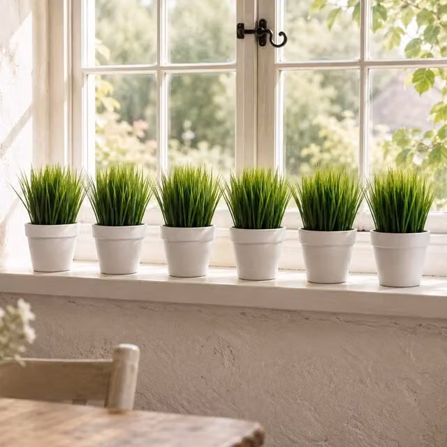 Leaf Pack of 6 Green Artificial Grass Plants, Height: 22 cm