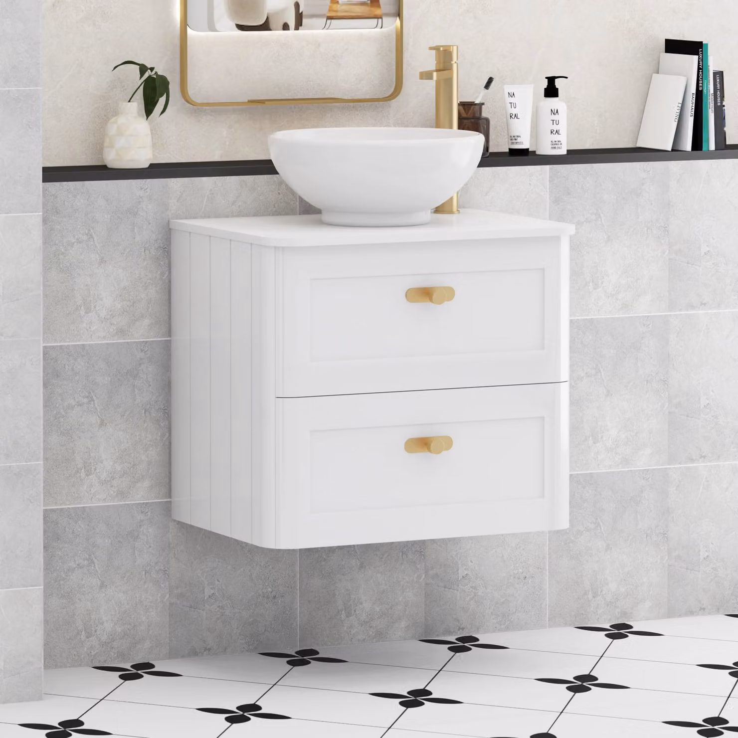 Royal Bathrooms Henley 600mm Gloss White Wall Hung Vanity Unit with 2 Drawers, Plain White Worktop, Breeze Basin and Brushed Brass Knob