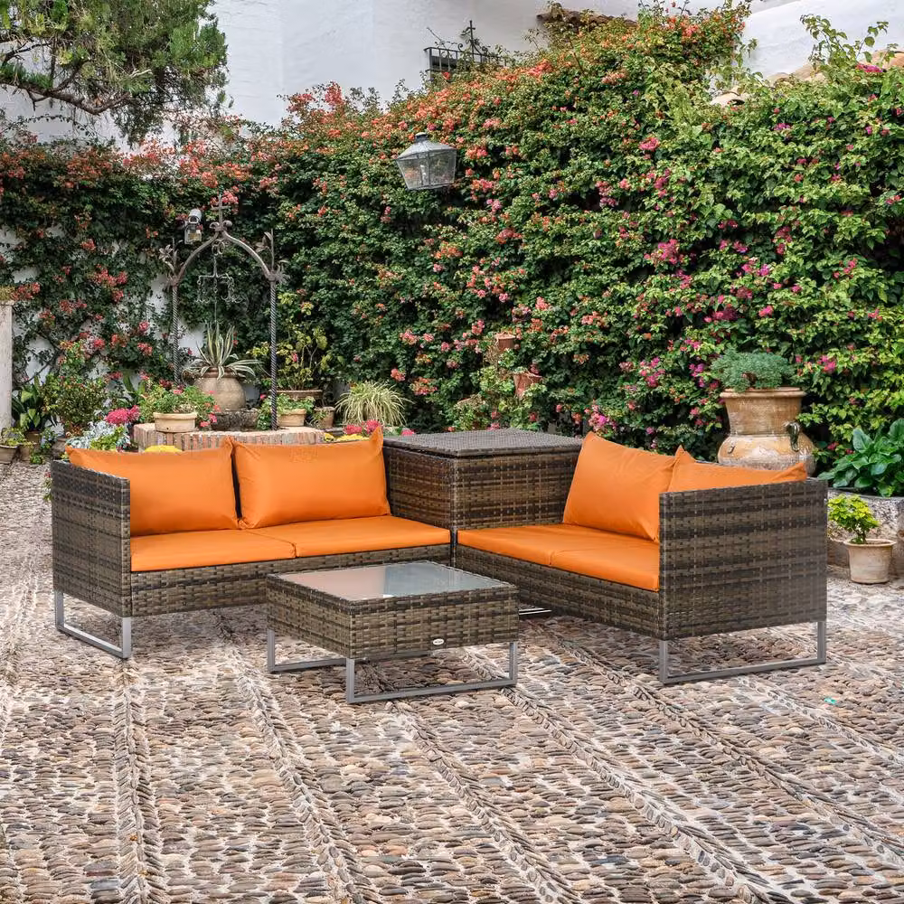 ERGOVEXA 4 Piece L-Shape Rattan Garden Furniture Set with Orange Upholstered Cushions and Coffee Table – 4