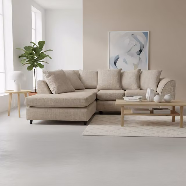 Abakus Direct Jumbo Left-Hand Corner Sofa in Taupe Soft Chenille with Plush Chaise Extension and Scatter Cushions