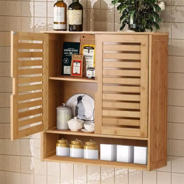 NESTLUNE Modern Brown Wall Mounted Bathroom and Kitchen Storage Cabinet with Hinged Doors and Internal Shelves