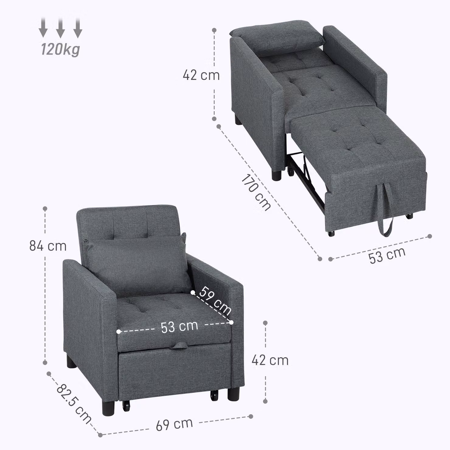 HOMCOM 3-in-1 Convertible Sleeper Chair Bed with Adjustable Backrest, Pillow and Footrest in Dark Grey – 3