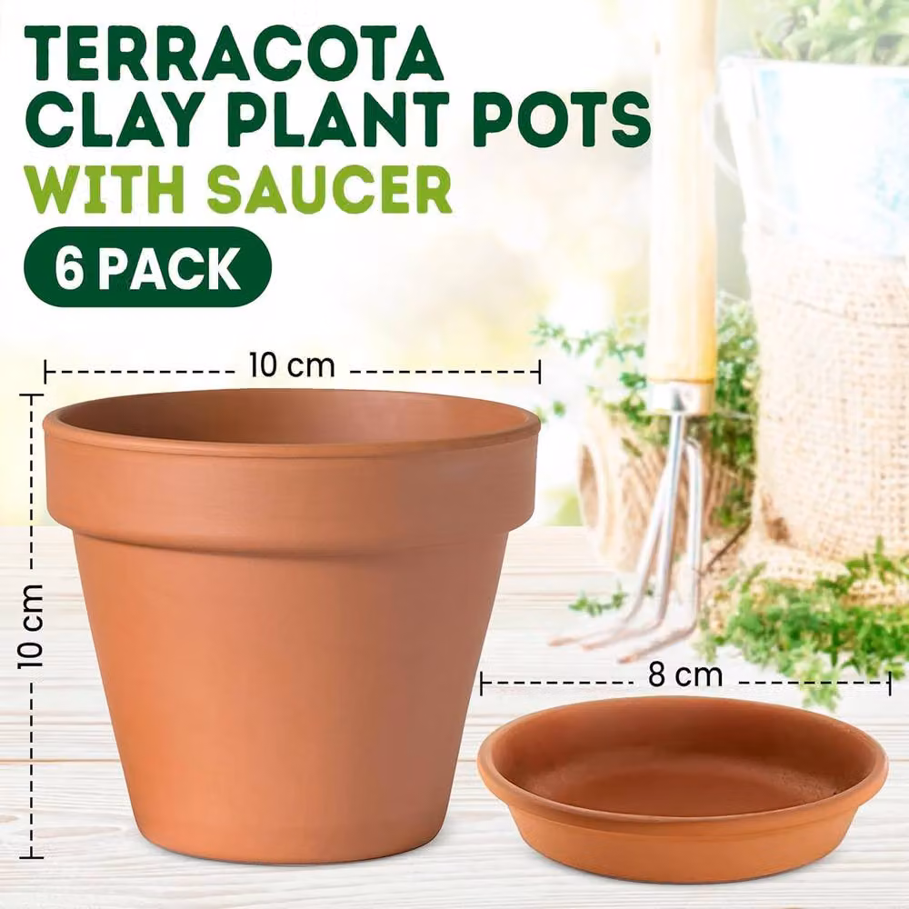 Green Thumbz Pack of 6 Brown Terracotta Clay Plant Pots with Saucer, 10 cm – 2