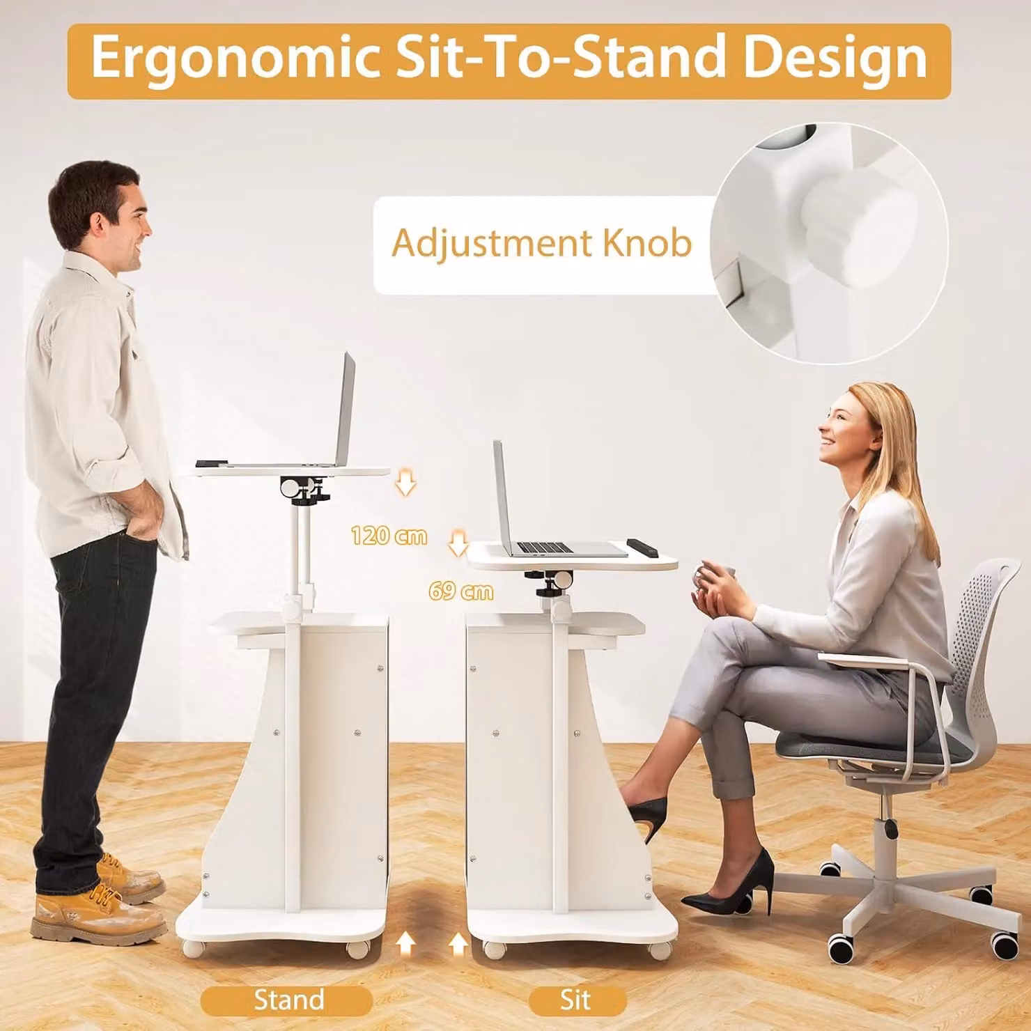 Gymax Mobile Podium Stand with Tilting Desktop, Adjustable Height and Castors, White – 3