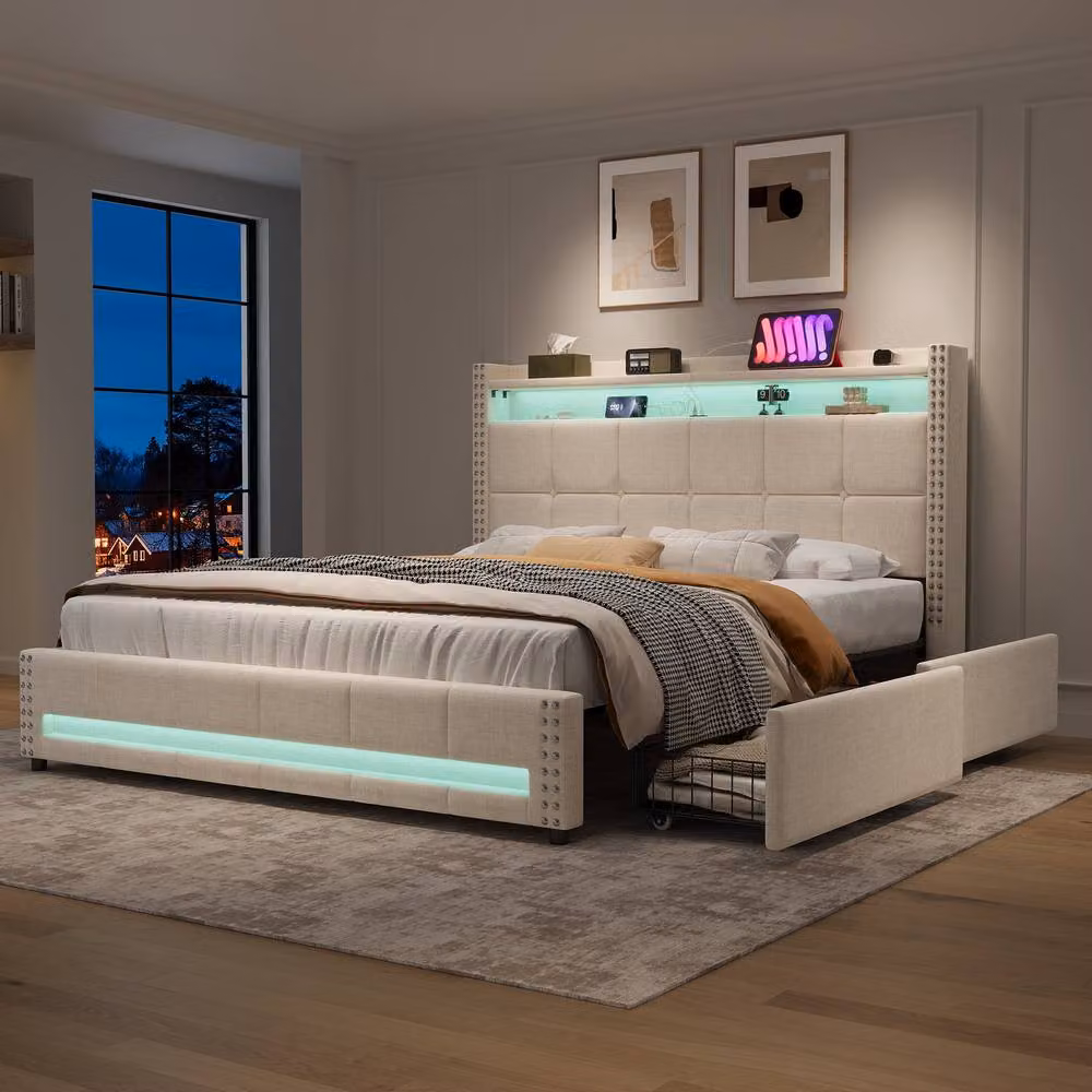 Matteo 4ft6 Double Upholstered Bed with LED Storage and USB/Type-C Charging in Beige – 4