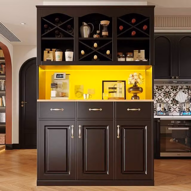 Merax Black Tall Kitchen Buffet Cabinet with Integrated Lighting, Wine Rack and Drawers, W/D/H: 120 x 40 x 180 cm