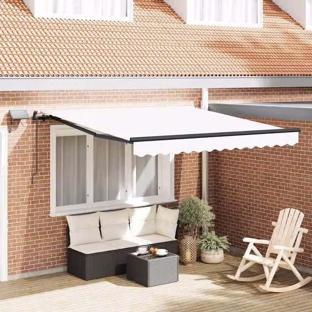 Berkfield Home Manual Retractable Folding Arm Awning with LED in White, W: 350 cm, D: 250 cm