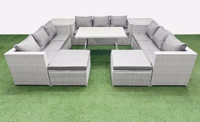 Fimous 11 Seat PE Rattan Garden Furniture Set with 2 Side Tables and 2 Stools in Light Grey