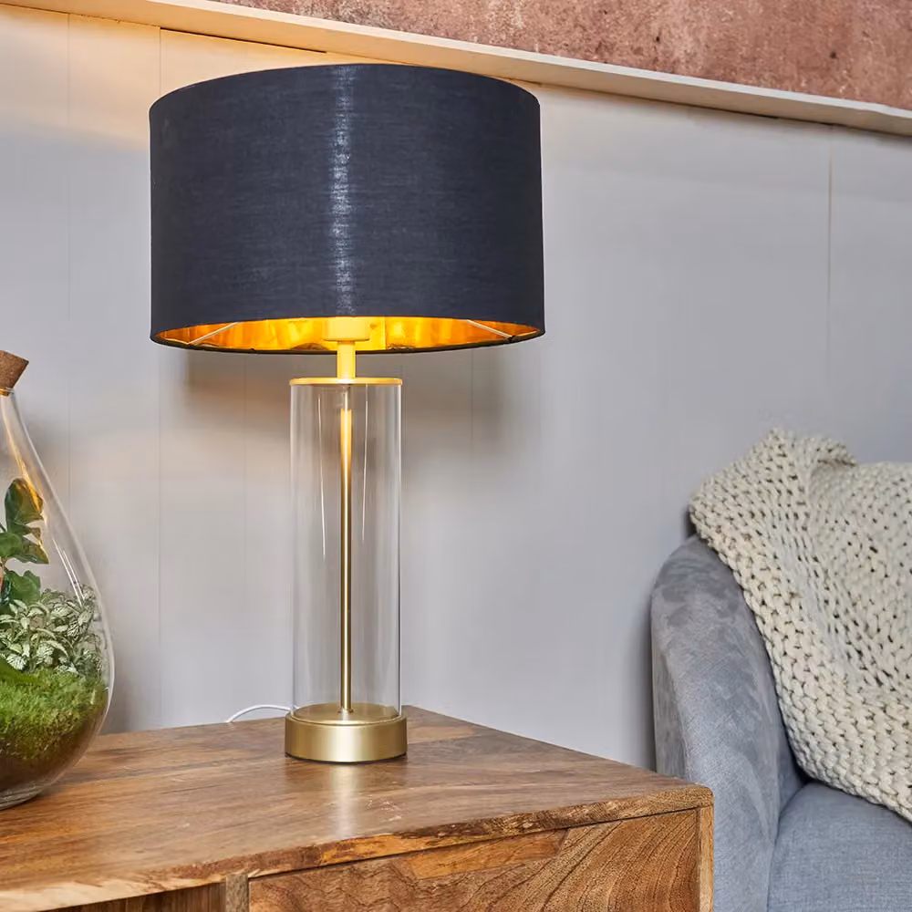 ValueLights Balan Glass and Matt Gold Table Lamp with Black Cylinder Shade – 5