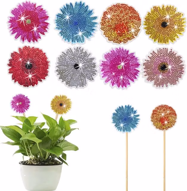 Syntego Pack of 8 Flower Plant Pot Stakes Diamond Art Kit, Multicolour