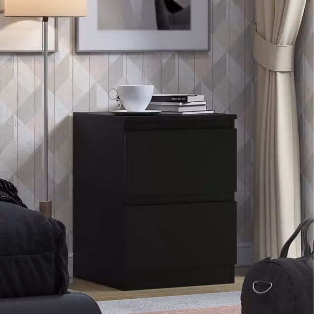 FWStyle Large 2 Drawer Deep Nightstand with Matt Black Scratch Resistant Finish