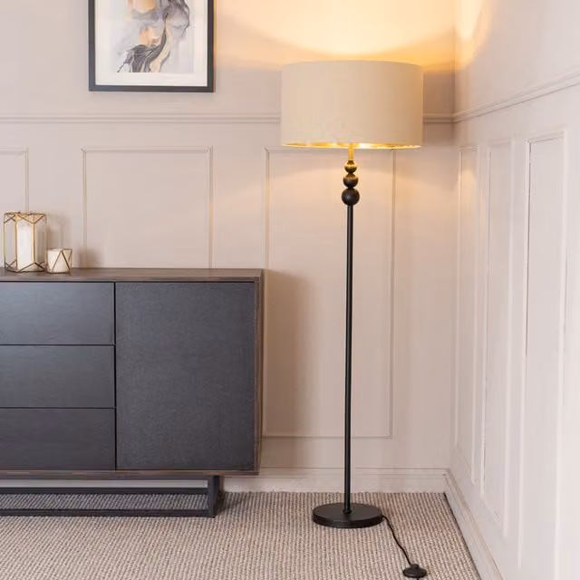 ValueLights Marissa Stacked Ball Floor Lamp with Metallic Shade and Bulb in Beige