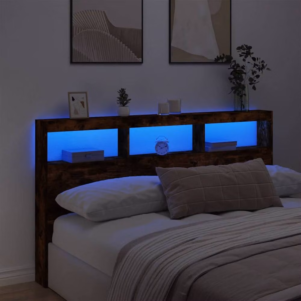 Berkfield Home Modern Headboard Cabinet in Smoked Oak Brown with Integrated LED Lighting and USB Charging Port, W/D/H: 180 x 17 x 102 cm – 4