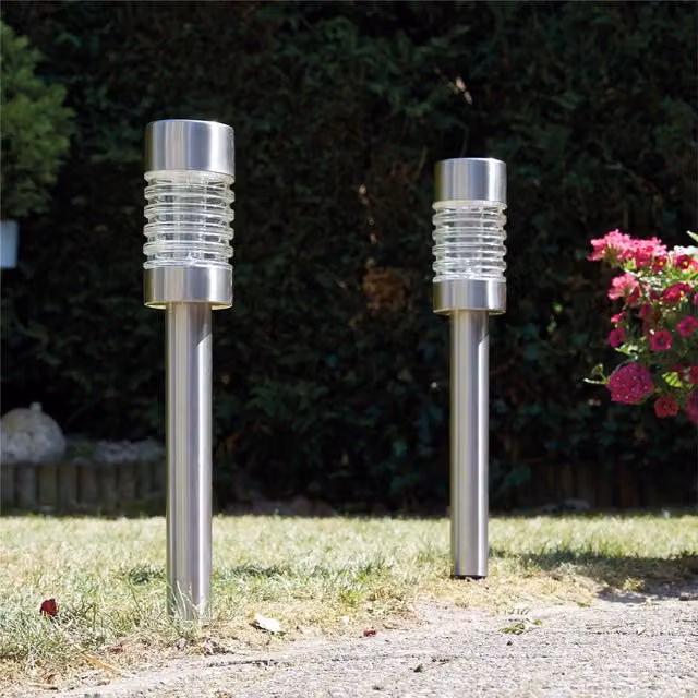 Luxform LED Solar Torino Post Light, Pack of 2, Silver Stainless Steel with Dusk Sensor – 1