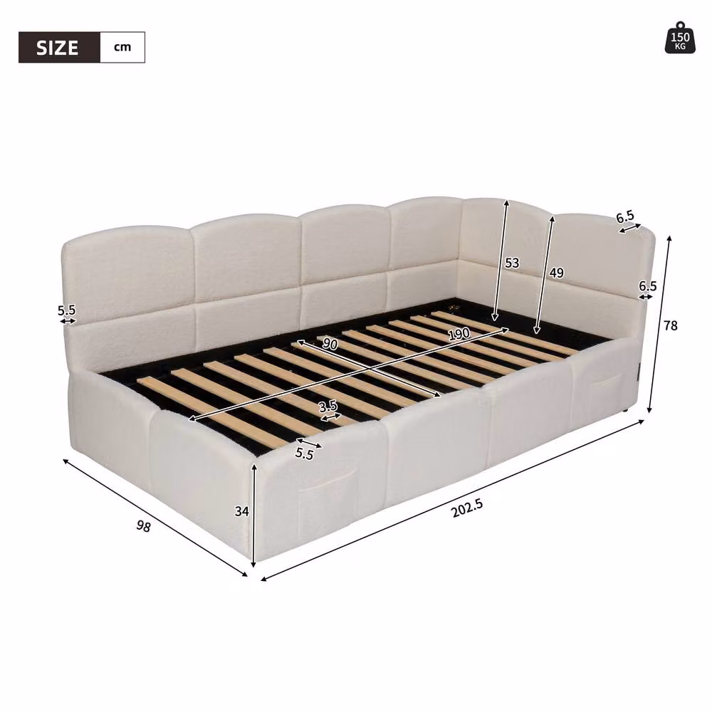 Merax White Boucle Upholstered Single Ottoman Daybed with USB Charging Port and Lift Up Base, W/D/H: 90 x 200 cm – 2