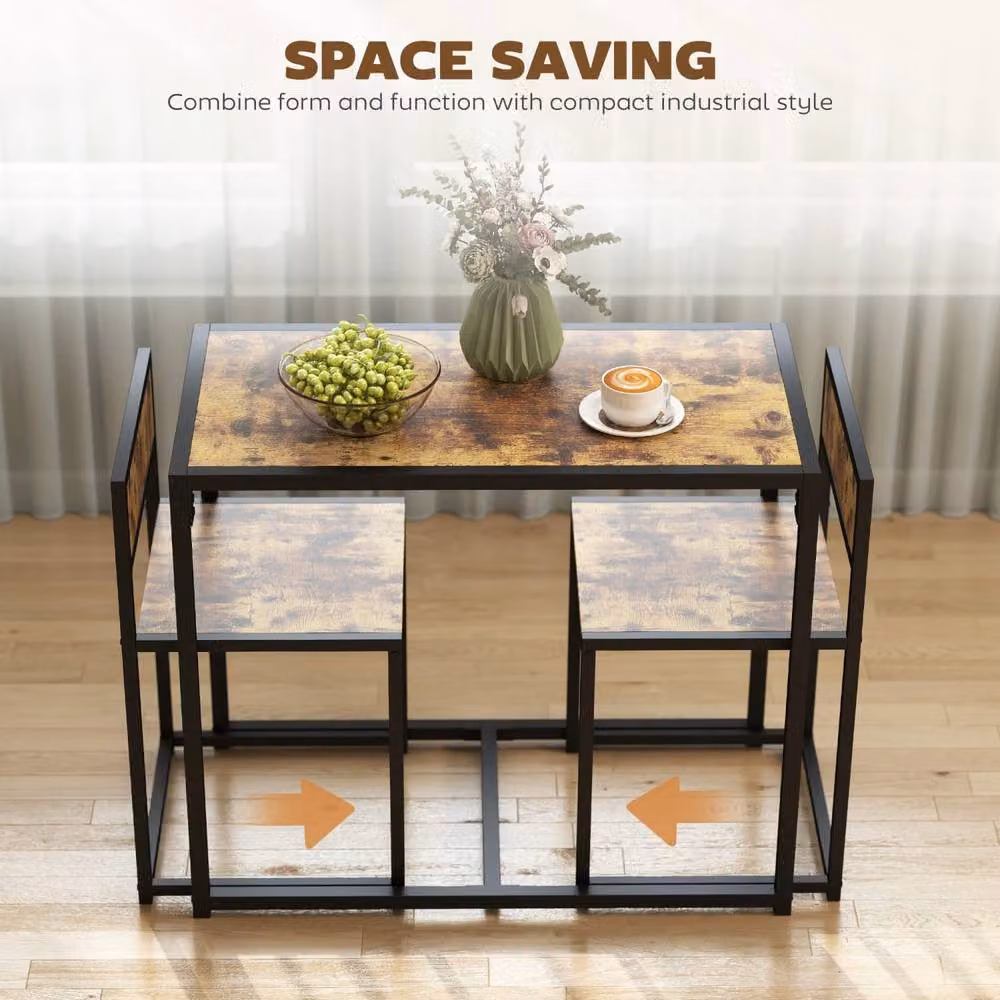 Wyld Haus Doel 3 Piece Industrial Table and Stool Set in Brown and Black Wood Effect – 4