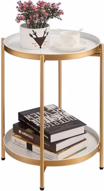VOGREX Modern Round Dual-Tier Metal Coffee Table in Gold and White