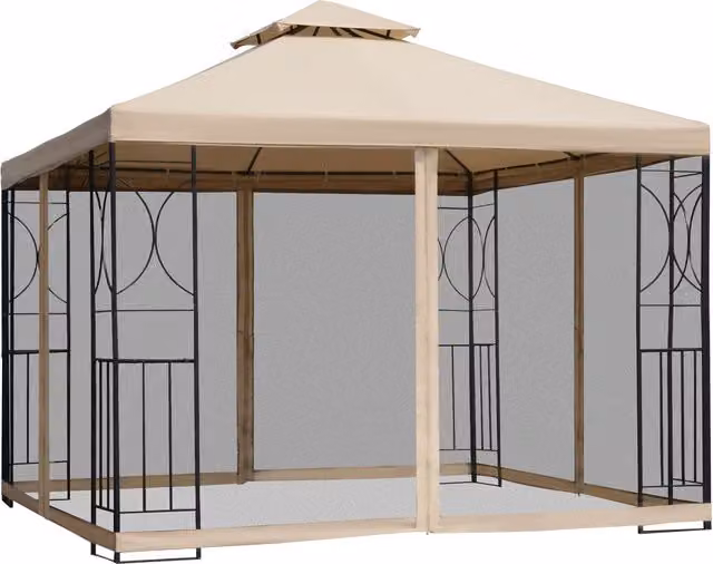 Outsunny Beige Garden Gazebo Tent with Netting and 2-tier Hip Roof, W: 300 cm, D: 300 cm, H: 278 cm – 1