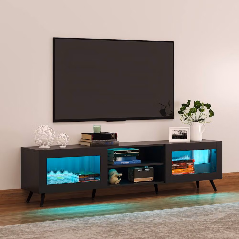 KEEPREAPER Stylish Black TV Stand with Transparent Acrylic Doors for 32-70 Inch TVs – 3