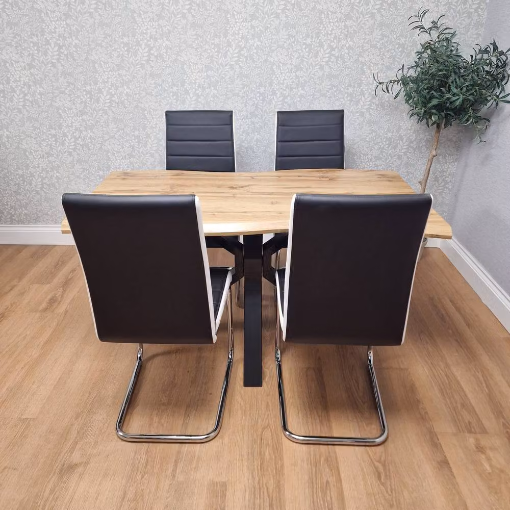 KOSY KOALA Modern Dining Set with Rectangular Brown Wood Table and 4 Black Faux Leather Chairs – 4