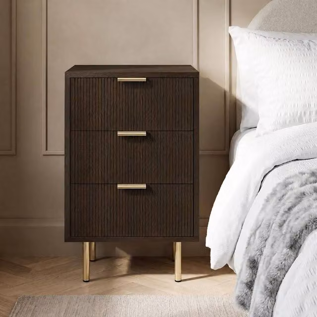 OHS Ribbed 3-Drawer Bedside Cabinet in Walnut Engineered Wood